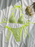 Shiny Neon Green Micro Bikini 2026 Women Sexy Bow Strap Push Up Tie Side Thong Swimsuit Brazilian Brozing Bathing Suit  Swimwear