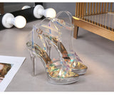 PVC Transparent Crystal Sandals Women Gold Silver Wedding Holographic Summer Jelly Shoes Ladies Thin High Heels Sandalias Mujer