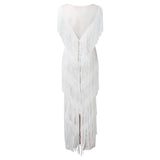 Womens Deep V Midi Fringed Dresses Sleeveless Pencil Party Solid Elegant Sexy Skirt Long Dresses Evening Party Mujer
