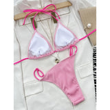 Sexy Neon Halter Ribbed Bikini Female Swimsuit Women Swimwear Two-pieces Bikini Set Padded Bather Bathing Suit Swim Lady V4048