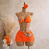 Sexy Black 3D Flower Holiday Bikini Set 2026 Women Drawstring Side Knitted Cover Up 3 Piece Swimsuit Beach Bathing Suit Swimwear