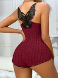 Comfortable Bodysuit Womens Onesies Summer Pajamas Sleepwear Back Butterfly Embroidery Lace Splicing Loungerwear