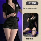 Sexy Cosplay Policewoman Midnight Uniform SM Zipper Bodysuits Solid Color Deep V Short Sleeved Wrap Hip Bodysuits Charming K0JQ
