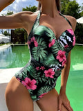 New Printed Conservative One-Piece Halter Neck Swimsuit Sexy Hard Bag Fashionable Holiday Beachwear High Waist Tie-Back Style