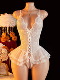 New Crotchless Sexy Lingerie Women Lace Bodysuit Erotic Costumes Teddy Baby Dolls Dress Deep V Open Crotch Porn Underwear Set