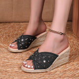 Fashion Denim Chunky Wedge Sandals Women 2025 Rivets Decor High Heels Slippers Woman Peep Toe Thick Bottom Sandles Plus Size 43