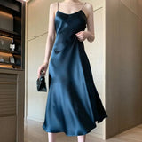 Women Evening Dress V Neck Low Cut Spaghetti Strap Solid Color Backless Dress-up Sleeveless Satin Wedding Party Midi Dress