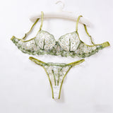 Green Sexy Lace One-Piece Sheer Embroidered Lingerie, Soft Steel Band Supportive Bra, French Pure Passion and Sweetness ZA825194
