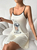 Summer Cute Letter Print Nightdress Women Nightgown Spaghetti Strap Mini Cami Lettuce Hem Contrast Trim Loungewear