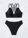 Sexy Solid Black Two Piece Swimsuit for Women Summer New High Waist Bikini Set Beach Vacation V-neck Backless Swimwear 2026