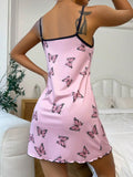 Women Butterfly Print Spaghetti Strap Nightgown Sleeveless Slim Fit Sleep Dress Soft Breathable Summer Home Loungewear