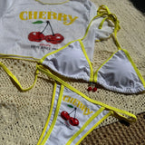 Cherry Print Mesh Short Sleeve Bikini Female Swimsuit Women Swimwear Three-pieces Bikini Set Micro Bathing Suit Swim Beachwear