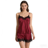 New Women Pajama V-Neck Lace Suit Fashion Sexy Lingerie Pyjamas Sleep Shorts Set Sleepwear No Padded