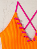 V Neck Wrinkled Ribbed Cross Backless One Piece Swimsuit Women Swimwear Female High Leg Cut Monokini Bather Bathing Suit Swim