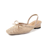 Woven Bow Back Strap Design Sandals Women's Summer New Square Head Shallow Mouth Single Shoe Comfortable Elegant Cool Pumps