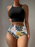 2026 High Waist Bikinis Women High Neck Swimsuit Floral Swimwear Female Bathers Bathing Swimming Suit Summer Beachwear
