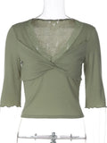 FDYOUI Women's T-shirt Tops Casual Fashion Lace Patchwork Green T Shirts Female Clothing V-neck Ruched Slim Crop Top Streetwear