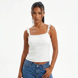 Women Solid Color Lace Trim Cami Tops Slim Flying Sleeve Square Neck Open Back Crop Tops Trendy Summer Streetwear