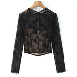 Pure Desire Sexy Sheer Crochet Lace Base Shirt Waist-Tightening Top T-Shirt For Woman Transparent Mesh Casual T-Shirt Charm ADSE