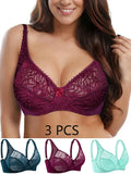 3 Pcs Womens Bras Ultra-Thin Perspective Lace Sheer Plus Size Bra Underwire Sexy Underwear Lingerie BH Tops D E F Cup