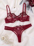 Wine Red Embroidered Floral Lingerie Set - Sexy Bra And G-string Combo with Heart Decoration Underwear Set for Women ZA824026