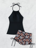 2026 Women's Bikini 2-piece Swimwear Tankini Set Sexy Halter Black Bathing Suit  Floral Print Drawstring High Waist Swimsuit
