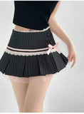 Striped Contrasting Color Bow Lace Splicing Pleated Skirt Women 2026 Summer American Style Low Waist  A-line Short Skirt UBFK