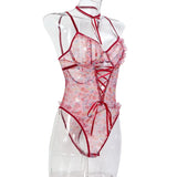 Toucheart Sexy Women Lace Backless Interesting  Babydoll Bodysuit Wrap Dress High Waisted Printing Bow Knot  Babydoll Bodysuit