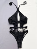 DEKA Black Lace Swimsuit Sexy Women One Pieces Swimwear Female Hollow Monokini Halter Bathing Suit Beachwear Solid Bodysuit