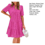 Casual Short Sleeve V-neck Midi Dress Women's Hollow Out Eyelet Dress Summer Beach Tiered Flowy A-line Sundress