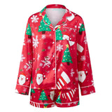 Women Satin 2 Piece Christmas Pajama Set Printed Long Sleeve Button-up Tops and Elastic Waist Shorts Summer Fall Sleepwear