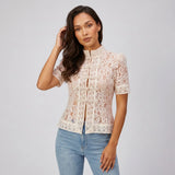 Summer Women's Retro Shirts Sheer Lace Blouse Elegant Stylish Button Down Short Sleeve Tops Casual Sexy