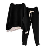 2 Pcs/Set Women Sweatshirt Pants Set Fake Two-piece Crew Neck Loose Elastic Waist Drawstring Casual Women Autumn Tracksuit