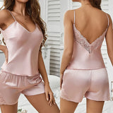Summer Sexy Pajama Sets Backless Deep V Sleepwear Lace Satin Pajamas Set for Women Comfortable Short Sleeve Cami Shorts