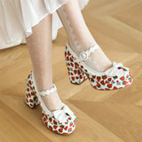 Big Size 43 High Quality Women's y2k Block High Heels Sweet Strawberry Print Mary Jane Pumps Black Pink Platform Lolita Shoes