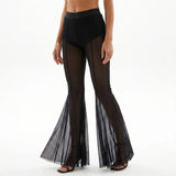 Fashion Women's Flared Pants Elastic High Waist Sheer Mesh Bell Bottoms Trousers Sexy Club Party Summer Streetwear