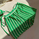 3PCS With Shorts Stripe Halter Fishnet Bikini Women Swimwear Female Swimsuit Three-pieces Bikini Set Bathing Suit Swim Beachwear