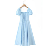 Bowknot Ruffles Light Blue Midi Dress Women's Summer Off Shoulder Short Sleeve Beach Dress Drawstring White A-line Vestidos 2025