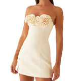 Women Solid Color Sexy Mini Dress Sleeveless Strapless Backless Flowers Slim Fit Summer Tube Dress Party Clubwear