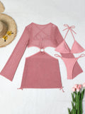 Mesh Sheer Long Sleeve Cover-Up Micro Bikini Female Swimsuit Women Swimwear Three-pieces Bikini Set Bathing Suit Swim Beach Wear