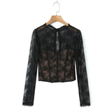 Pure Desire Sexy Sheer Crochet Lace Base Shirt Waist-Tightening Top T-Shirt For Woman Transparent Mesh Casual T-Shirt Charm ADSE