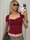 FDYOUI Women's Fashion Lace Patchwork T-shirt Streetwear Ladies Sexy Short Sleeve Bandage Tops Tees Y2K Slim Corset T Shirts