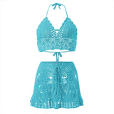 Bikinis Sets for Women Swimwear Crocheted Hollow Out Halter Crop Top Skirt 2 Piece Summer Bikini Beach Wear Swimsuit купальник