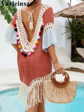 Splicing Tassels Half Sleeve Crochet Knitted Tunic Beach Dress Beach Wear Beachwear Beach Cover Up Cover-upsFemale Women V6631