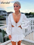 Foridol Waist Hollow Out V Neck Backless White Lace Party Dress Christmas Vestido Robe Ruffled Cotton Long Sleeve Autumn Dress