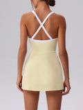 Color Contrast Tennis Dresses Women Beautiful Back Hollow Back Cross Split Skirt Pocket Sports Fitness One-piece Yoga Golf Suit
