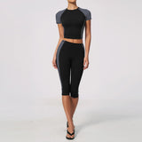 Color Blocking 2PCS Yoga Set Women's Tracksuit Short Sleeve O Neck Sports T Shirts High Waist Cropped Pants Tight Fitness Suits