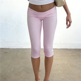 Y2K Low Waist Fold-Over Capri Leggings Solid Color Women High Stretch Slim Fit Knee Length Pants Streetwear Casual Summer Outfit