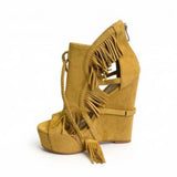 Yellow Suede Tassels Wedges Heel Platform Sandals Back Zipper Women Shoes Peep Toe Party Feast Dating 2026 Zapatos Para Mujere
