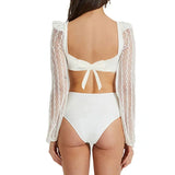 Two-Piece Swimwear Swimsuit Women Push Up Sexy Hollow Long Sleeves High Waist Bowknot Backless White Bikinis Set Bathing Suit